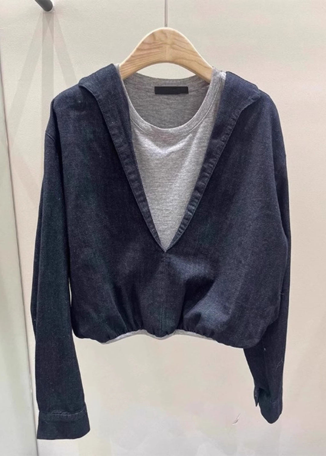 Chic Navy O Neck Patchwork False Two Pieces Cotton Top Spring