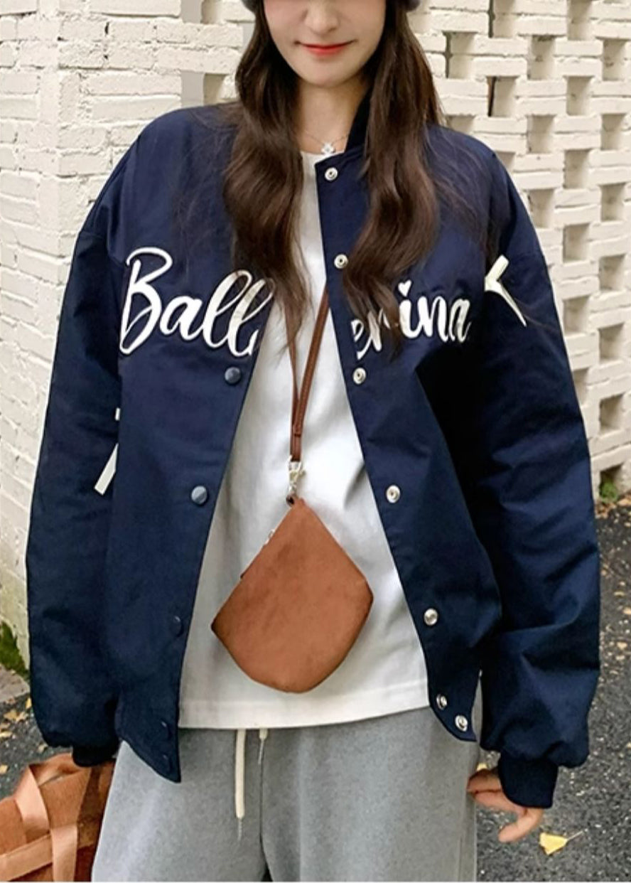 Chic Navy Oversized Bow Letter Print Fine Cotton Filled Jackets Winter