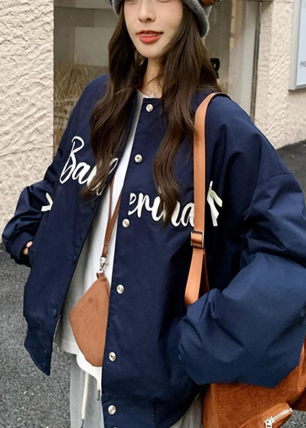 Chic Navy Oversized Bow Letter Print Fine Cotton Filled Jackets Winter