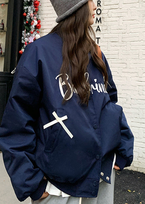 Chic Navy Oversized Bow Letter Print Fine Cotton Filled Jackets Winter
