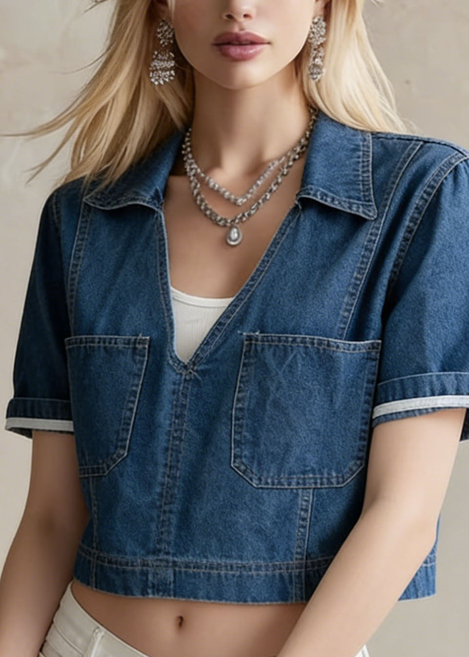 Chic Navy Peter Pan Collar Pockets Denim Short Top Summer