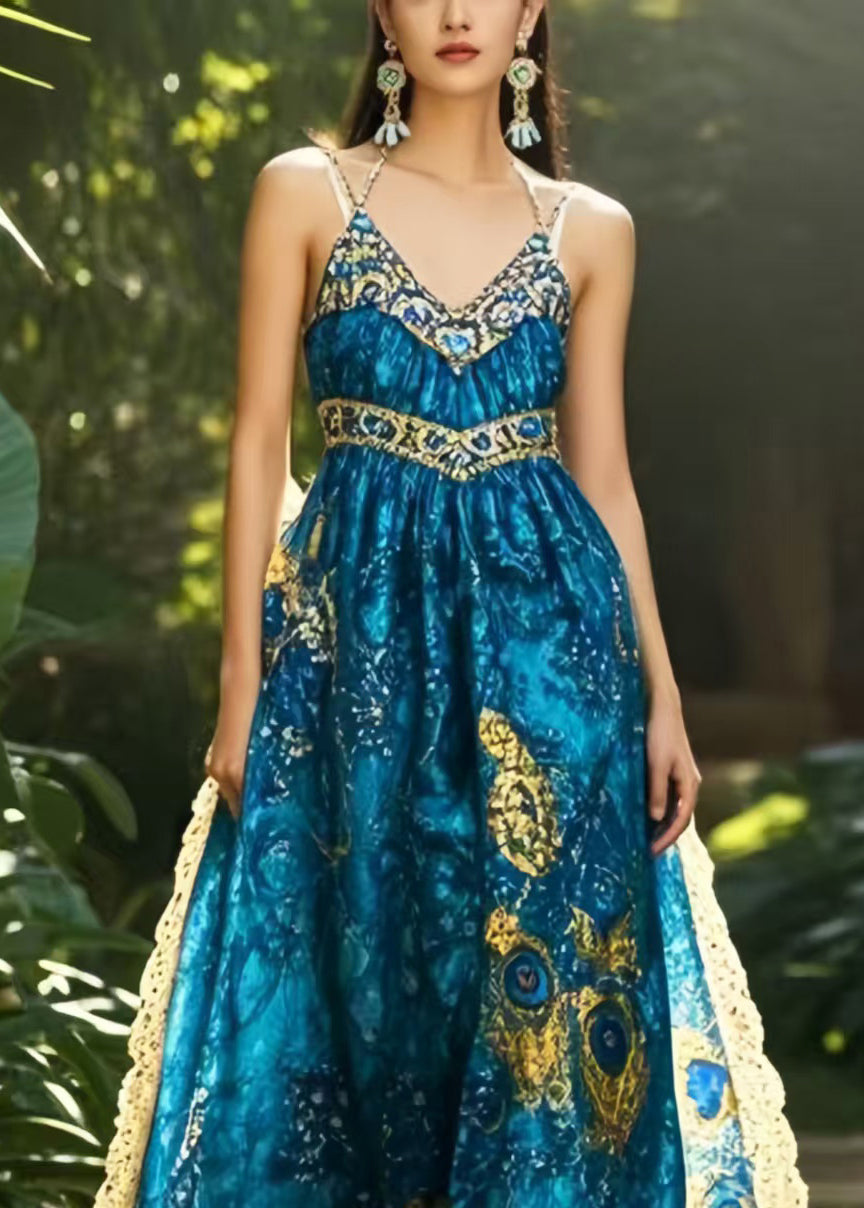 Chic Navy Print Exra Large Hem Chiffon Holiday Dress Summer