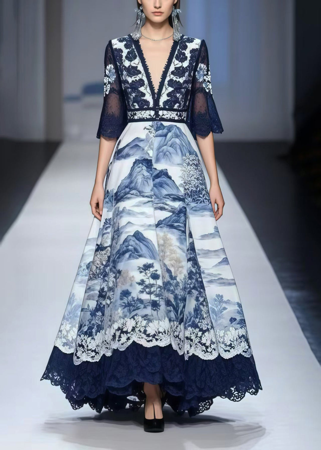 Chic Navy Print Exra Large Hem Chiffon Vestidos Dress Summer