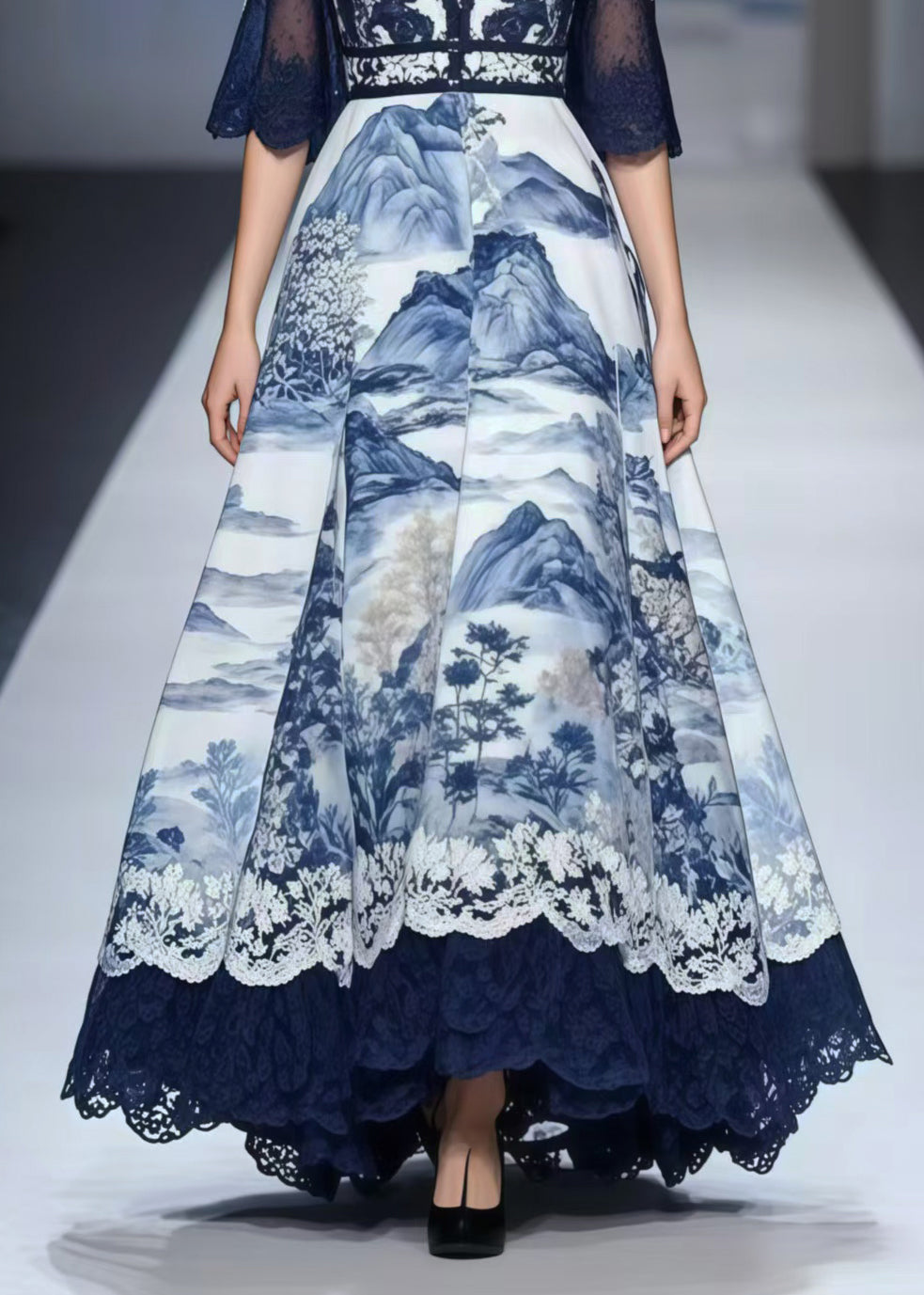 Chic Navy Print Exra Large Hem Chiffon Vestidos Dress Summer