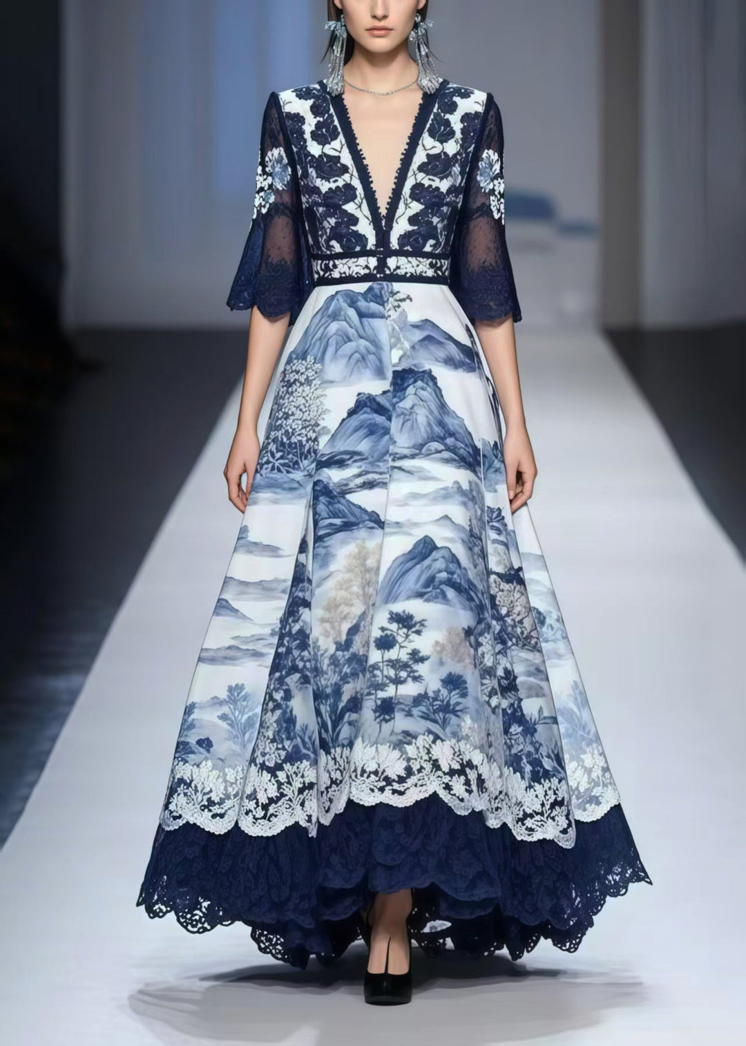 Chic Navy Print Exra Large Hem Chiffon Vestidos Dress Summer