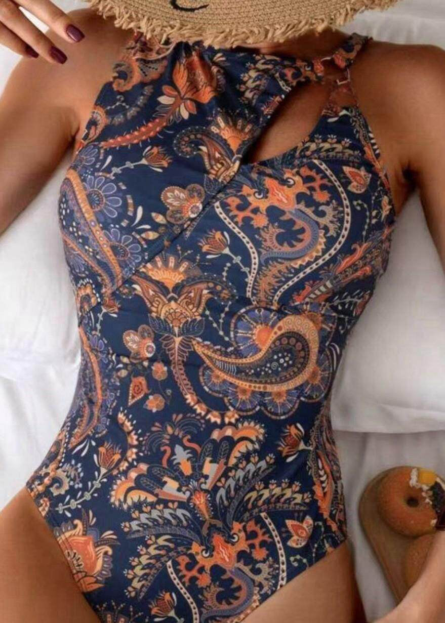Chic Navy Print Hollow Out Bodysuit Swimwear