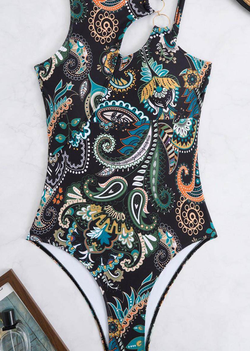 Chic Navy Print Hollow Out Bodysuit Swimwear