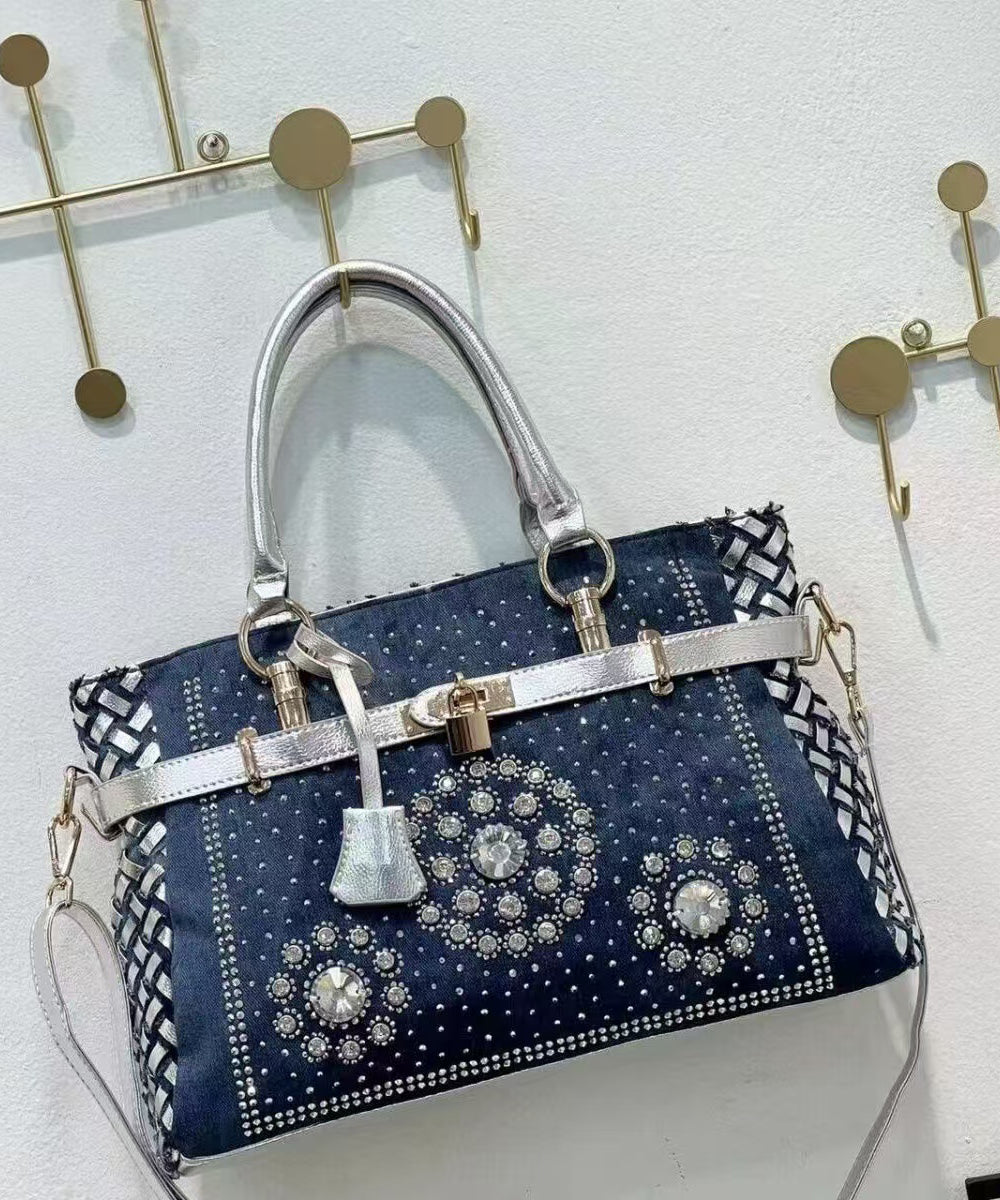 Chic Navy Rhinestone Large Capacity Denim Tote Handbag