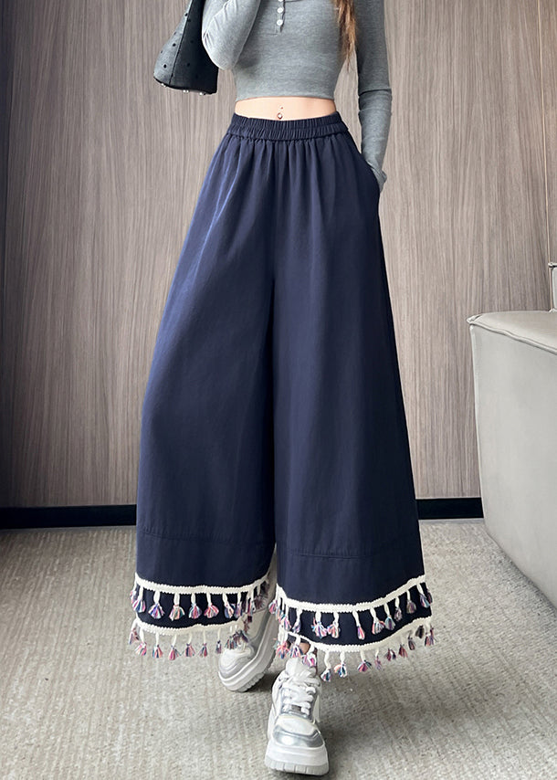 Chic Navy Tasseled Cotton Wide Leg Pants Trousers Fall