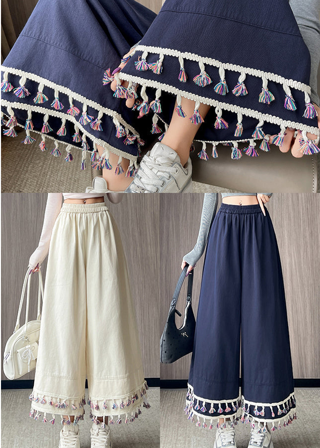 Chic Navy Tasseled Cotton Wide Leg Pants Trousers Fall