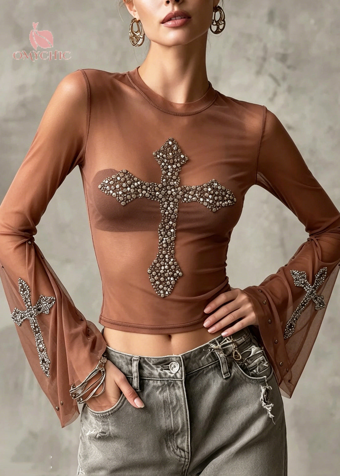 Chic Nude Sequins Tulle UPF 50+ Sheer Tops Summer