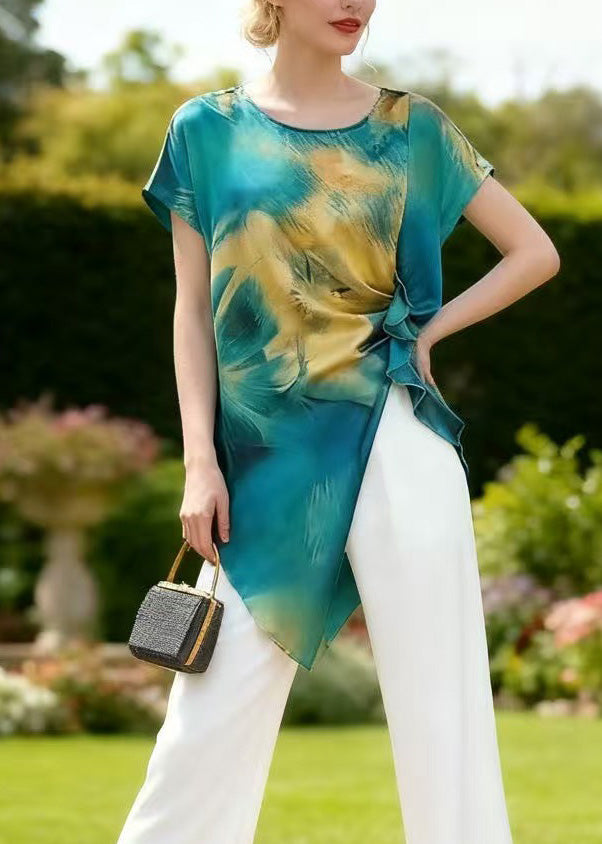 Chic O Neck Asymmetrical Print Silk Two-Piece Set Summer