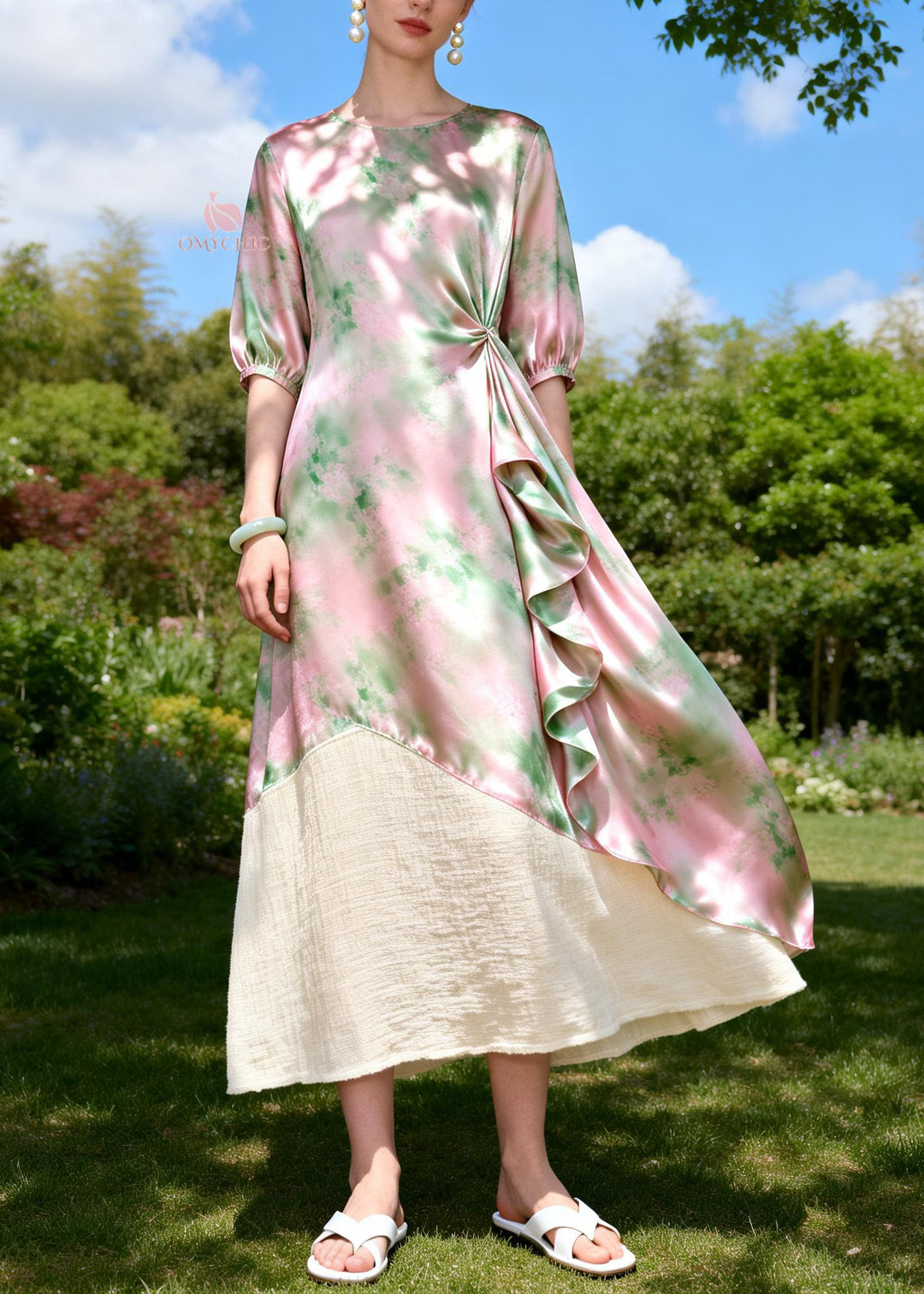 Chic O Neck Print Ruffled Patchwork Linen Silk Dresses Sleeveless