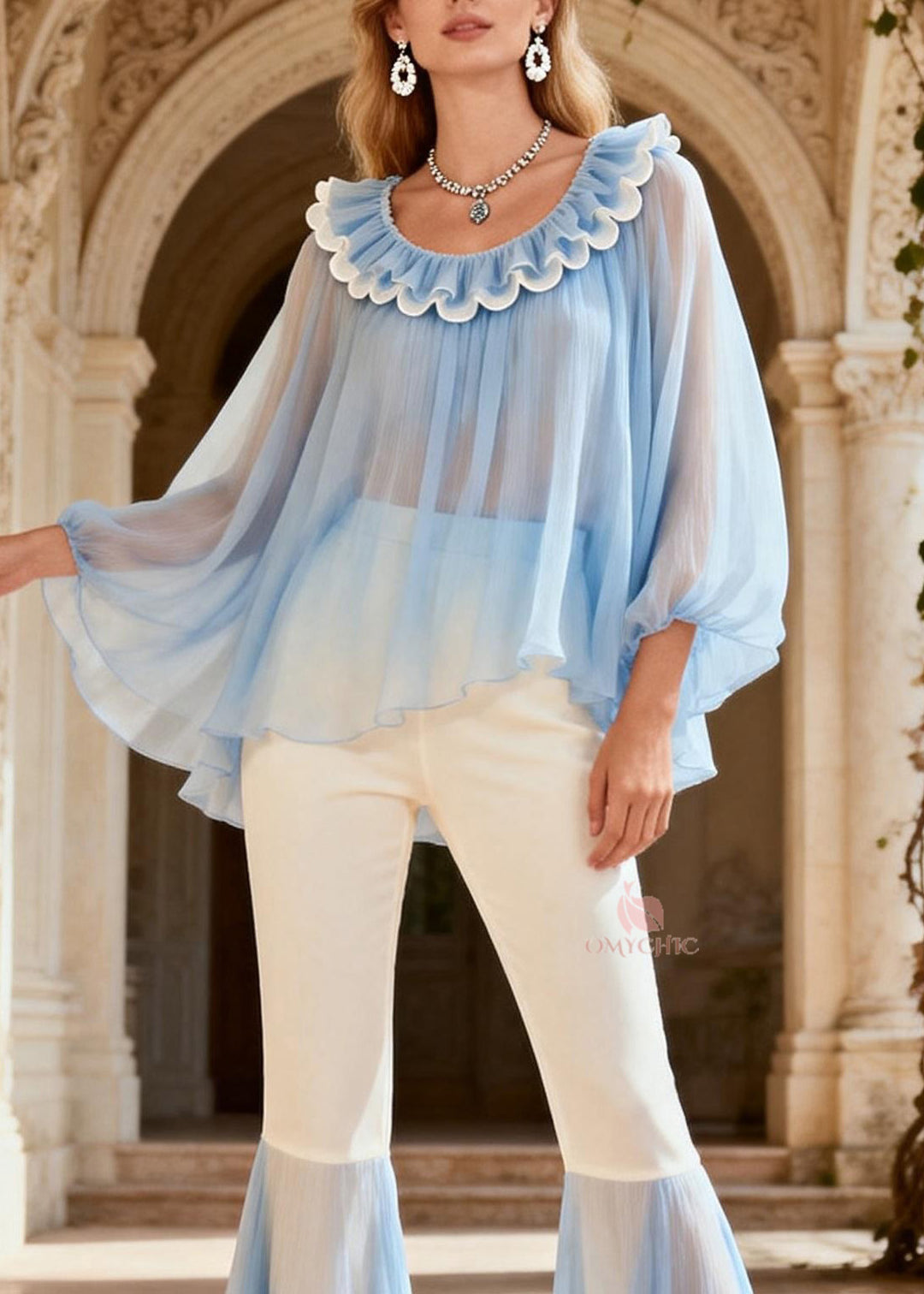 Chic O Neck Ruffled Patchwork Silk Two Piece Set Summer