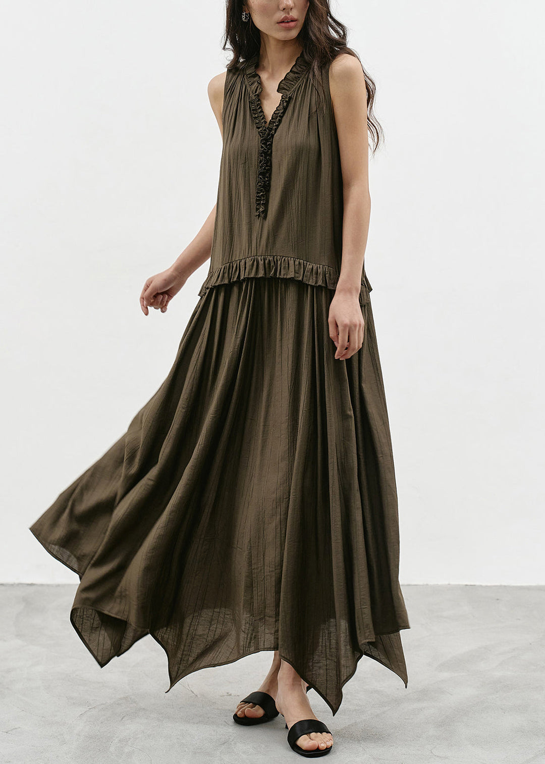 Chic Olive Green Asymmetrical V Neck Ruffled  Dresses Sleeveless