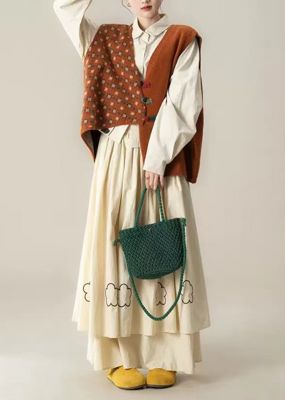 Chic Orange Asymmetrical Embroidered Knit Three-Piece Set Spring