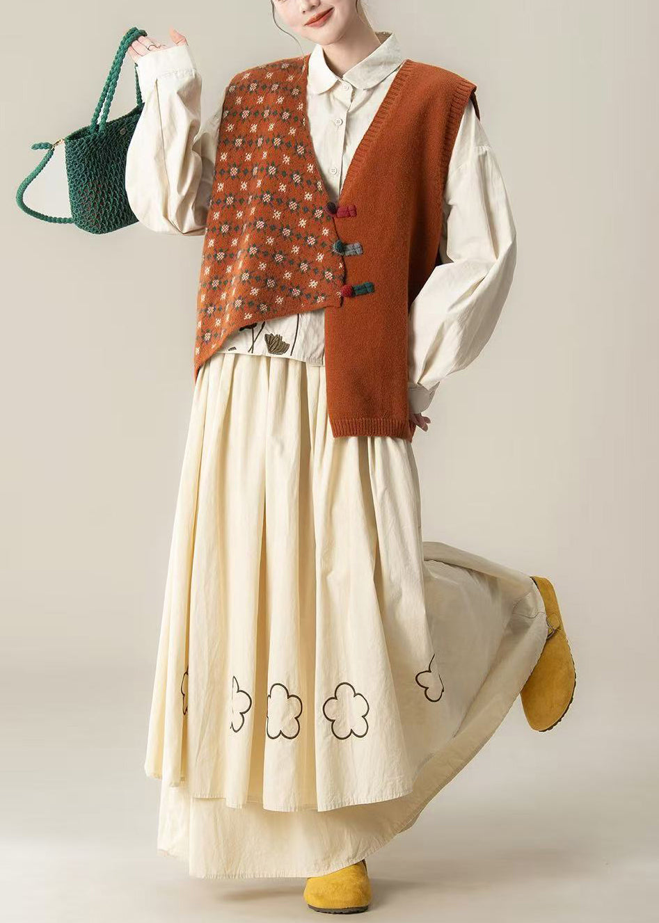 Chic Orange Asymmetrical Embroidered Knit Three-Piece Set Spring