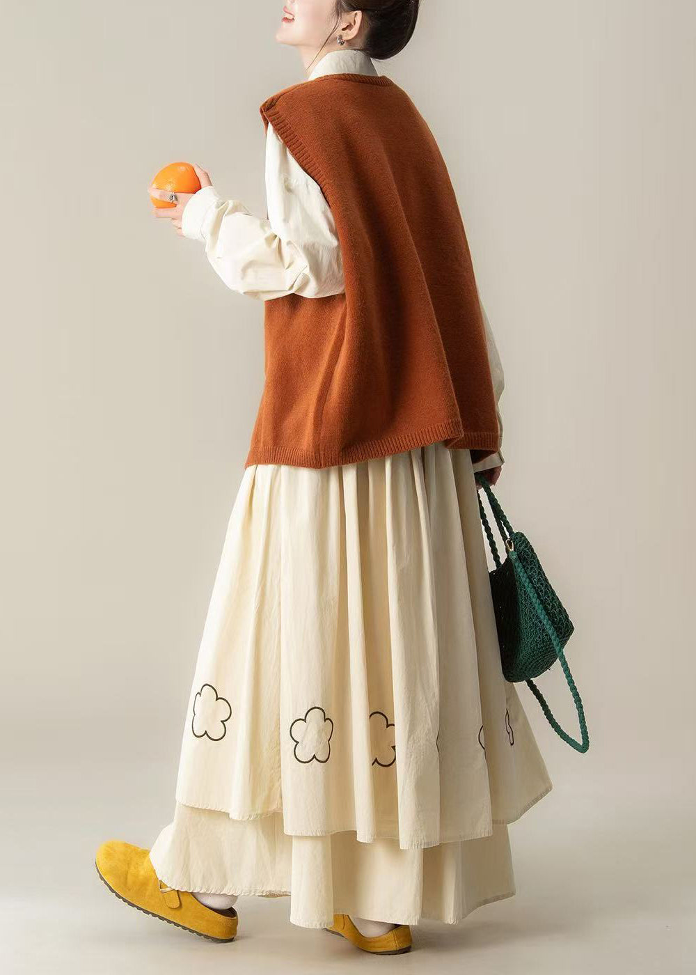 Chic Orange Asymmetrical Embroidered Knit Three-Piece Set Spring