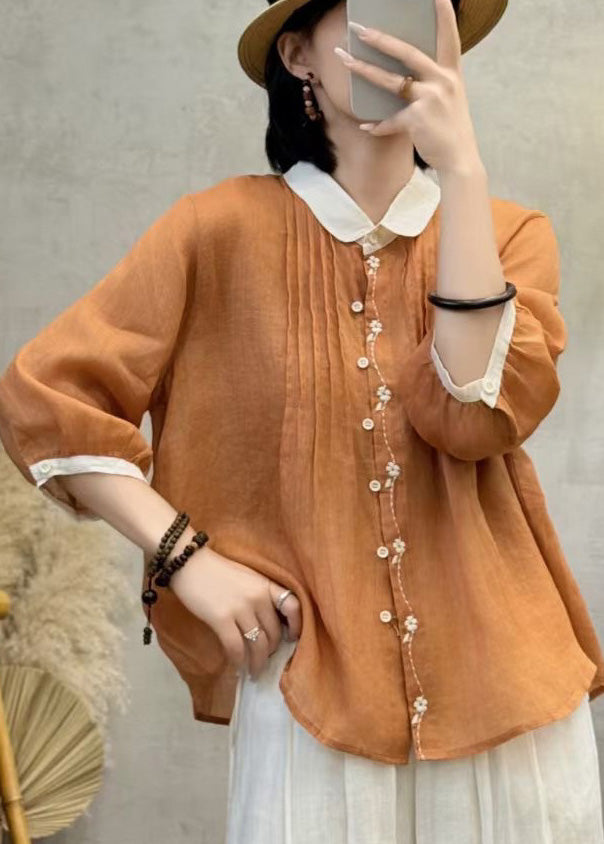 Chic Orange Embroidered Patchwork Wrinkled Linen Blouses Bracelet Sleeve