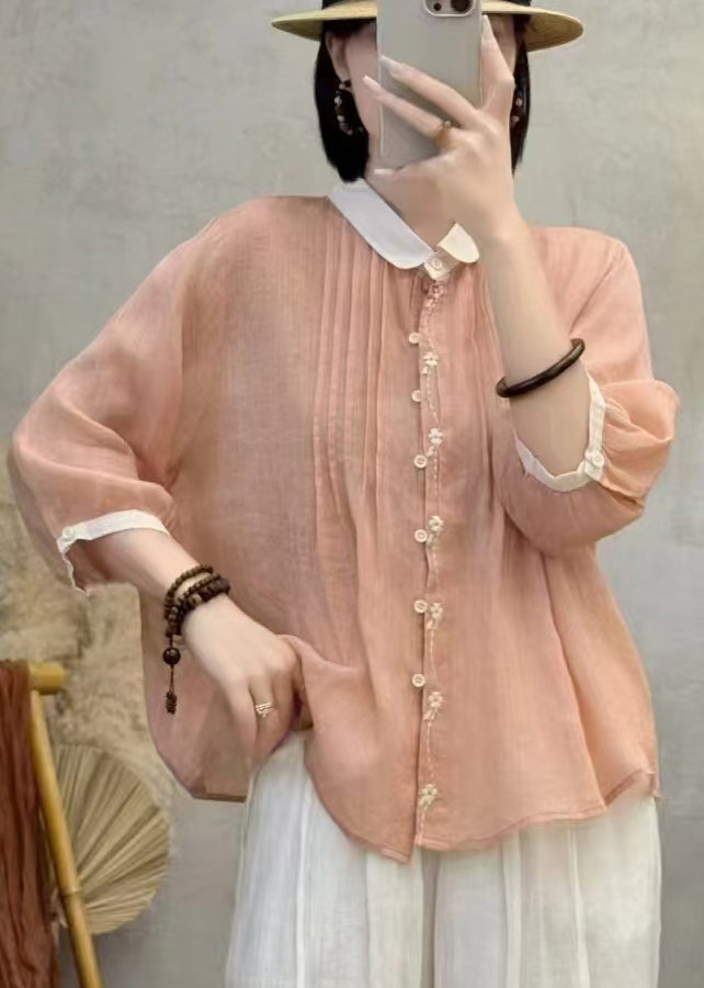 Chic Orange Embroidered Patchwork Wrinkled Linen Blouses Bracelet Sleeve