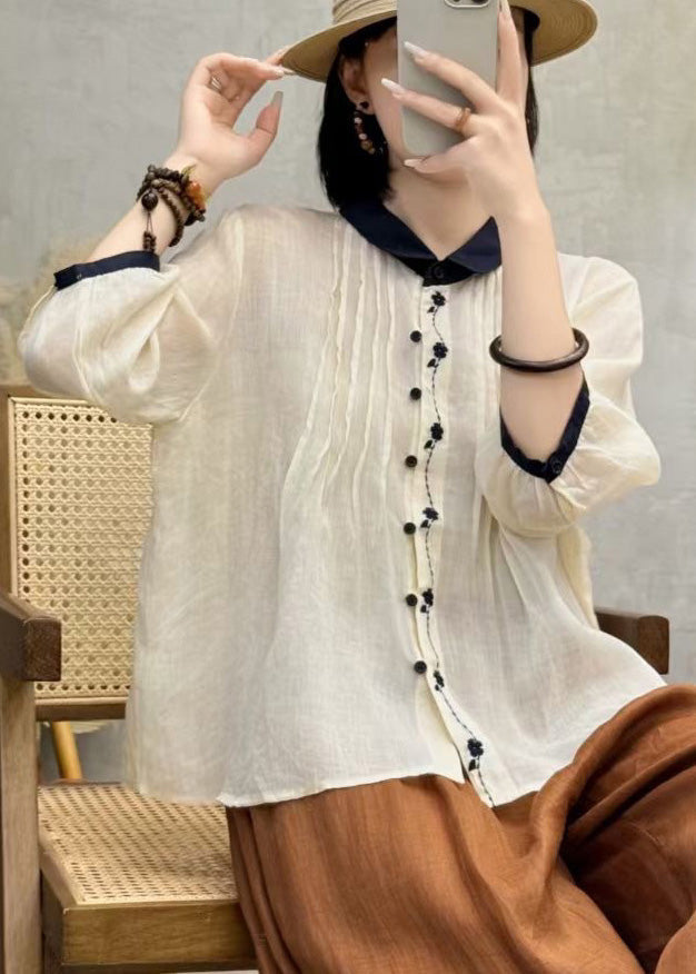 Chic Orange Embroidered Patchwork Wrinkled Linen Blouses Bracelet Sleeve