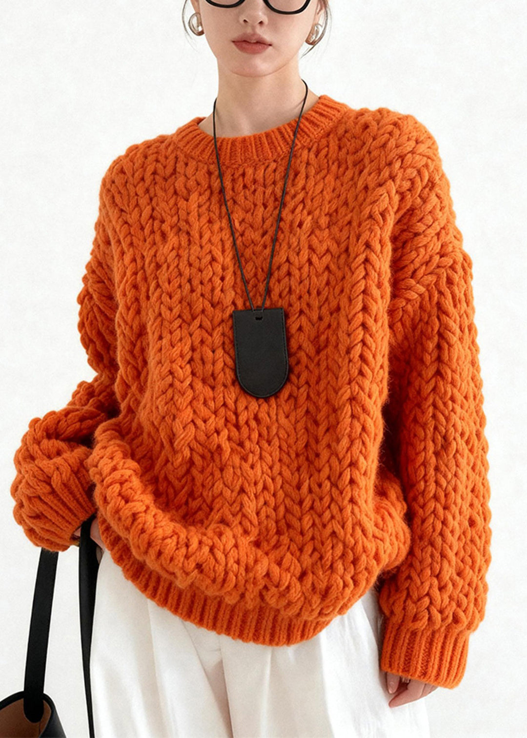 Chic Orange Oversized Cable Knit Sweater Tops Winter