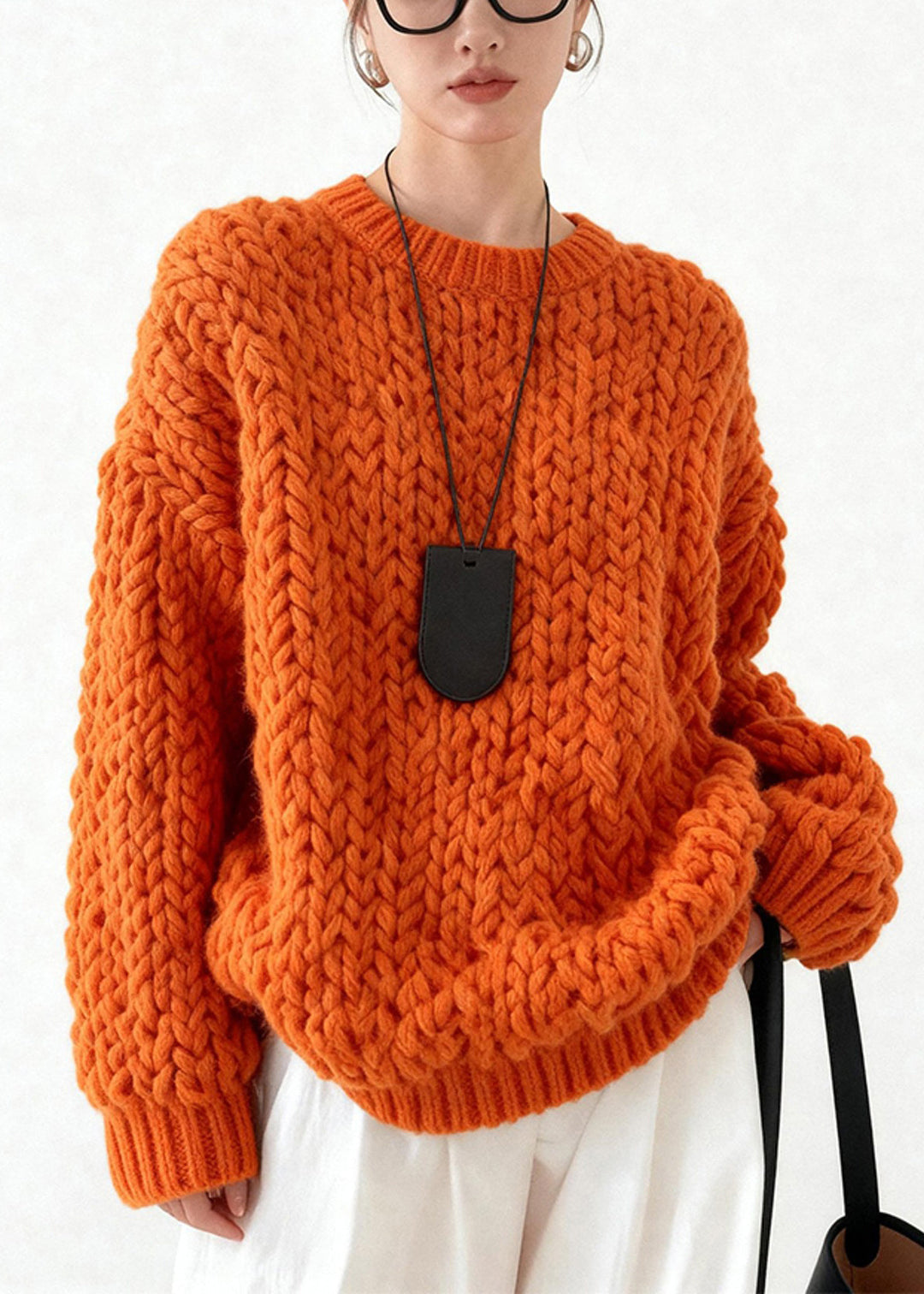 Chic Orange Oversized Cable Knit Sweater Tops Winter