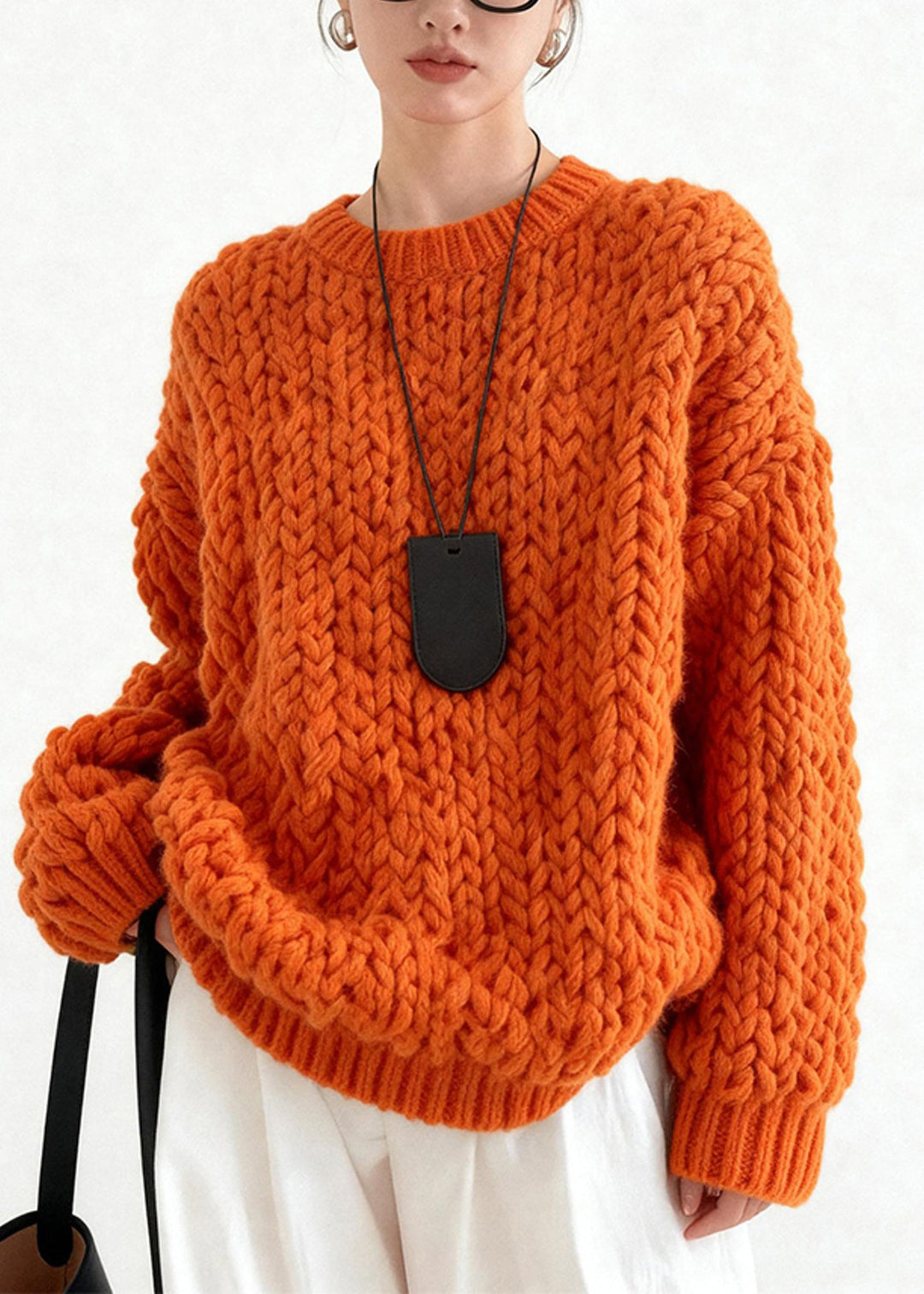 Chic Orange Oversized Cable Knit Sweater Tops Winter