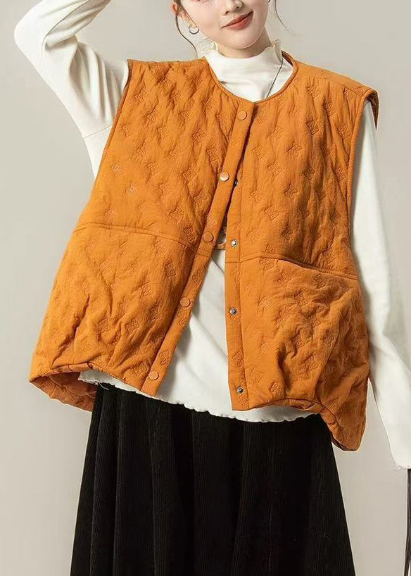 Chic Orange Oversized Embossing Fine Cotton Filled Vest Winter