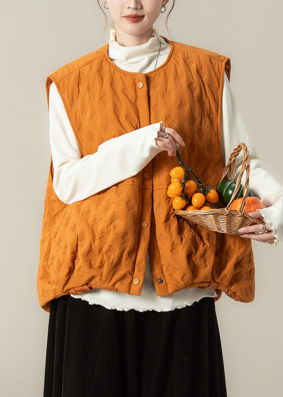 Chic Orange Oversized Embossing Fine Cotton Filled Vest Winter