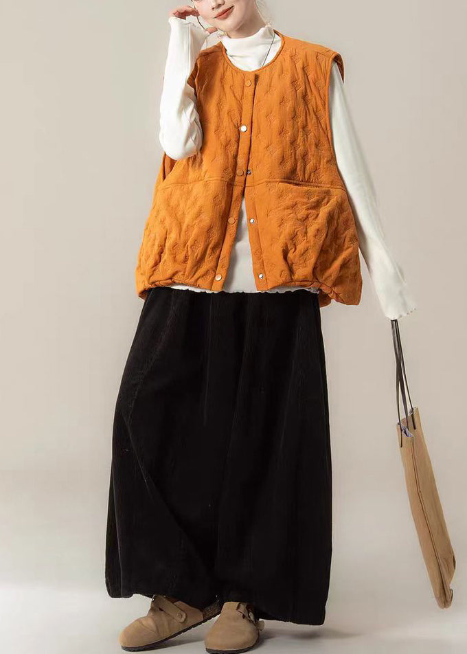 Chic Orange Oversized Embossing Fine Cotton Filled Vest Winter