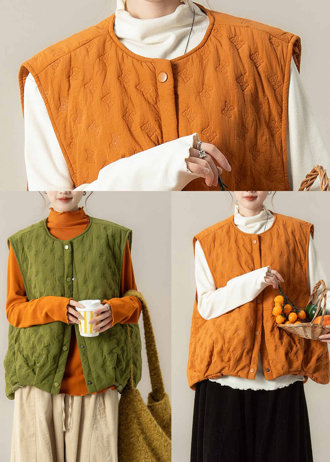 Chic Orange Oversized Embossing Fine Cotton Filled Vest Winter
