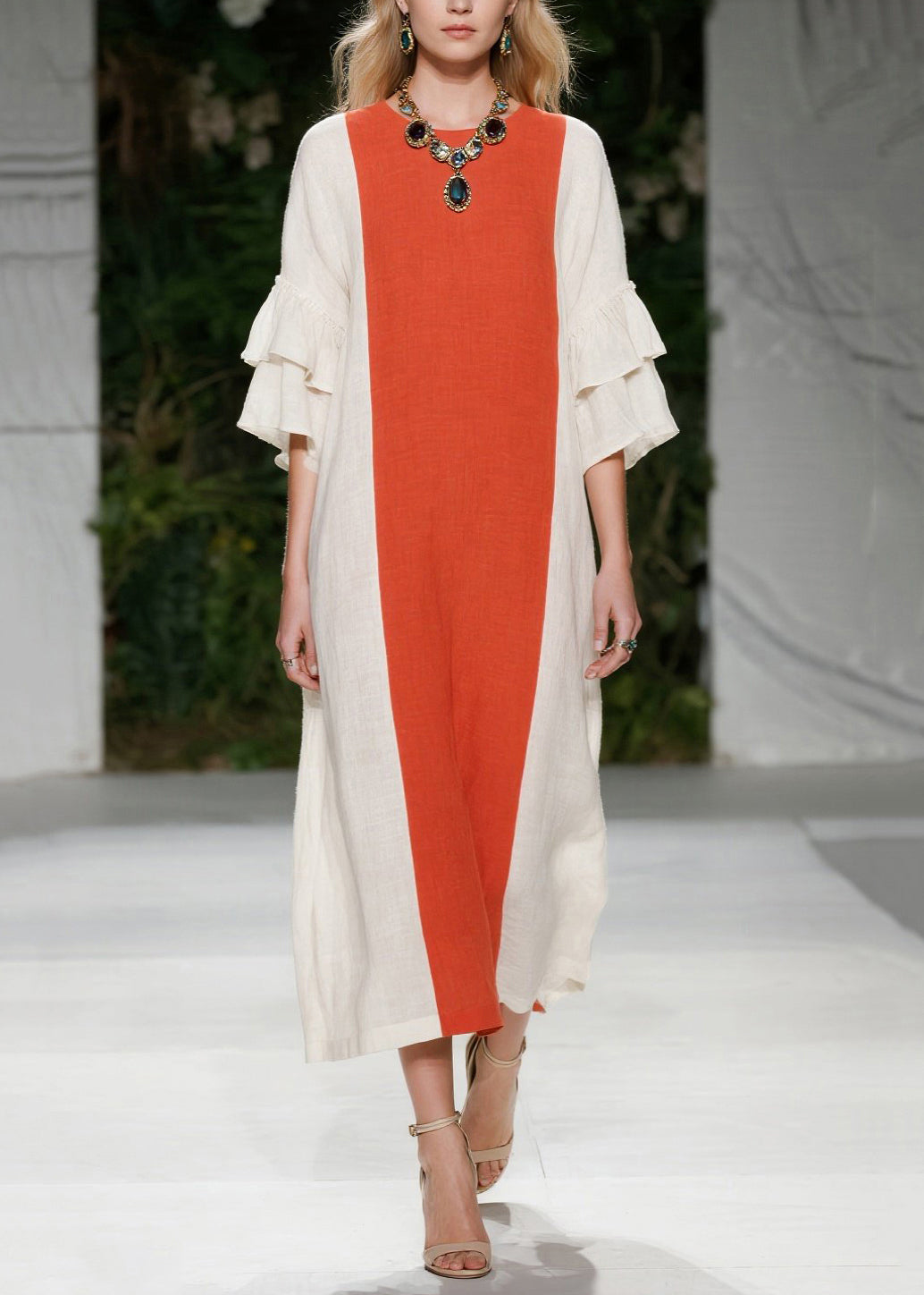 Chic Orange Oversized Patchwork Cotton Maxi Dresses Flare Sleeve