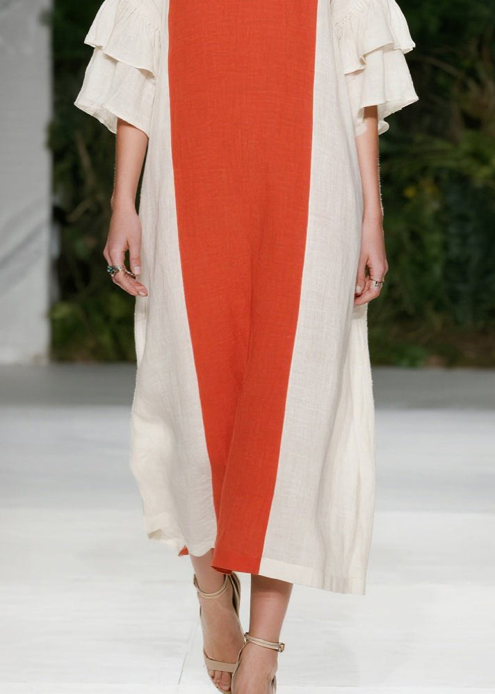 Chic Orange Oversized Patchwork Cotton Maxi Dresses Flare Sleeve