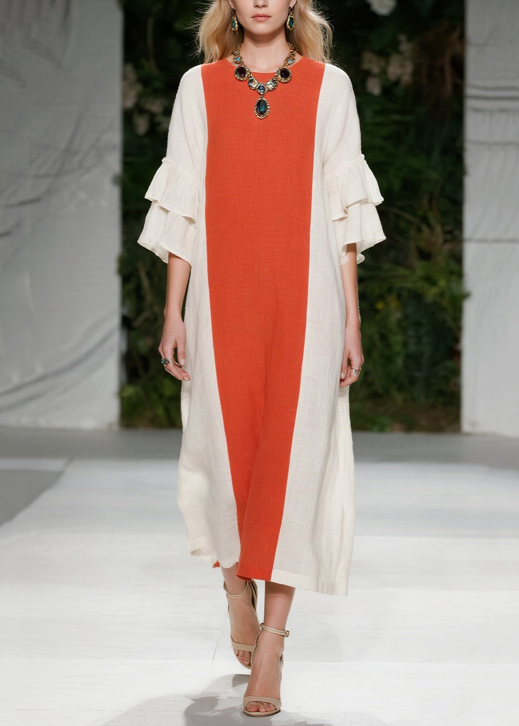 Chic Orange Oversized Patchwork Cotton Maxi Dresses Flare Sleeve