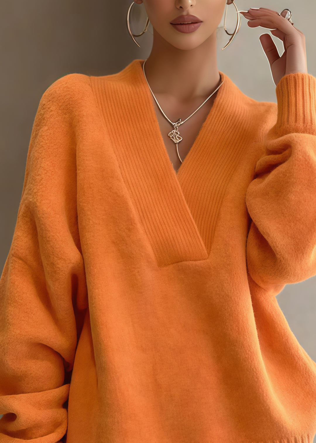 Chic Orange Oversized Warm Knit Sweaters And Shorts Two Piece Set Winter