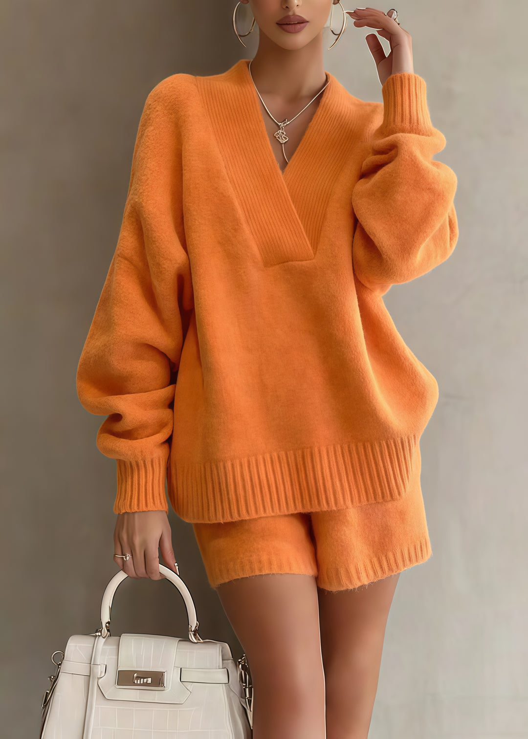 Chic Orange Oversized Warm Knit Sweaters And Shorts Two Piece Set Winter