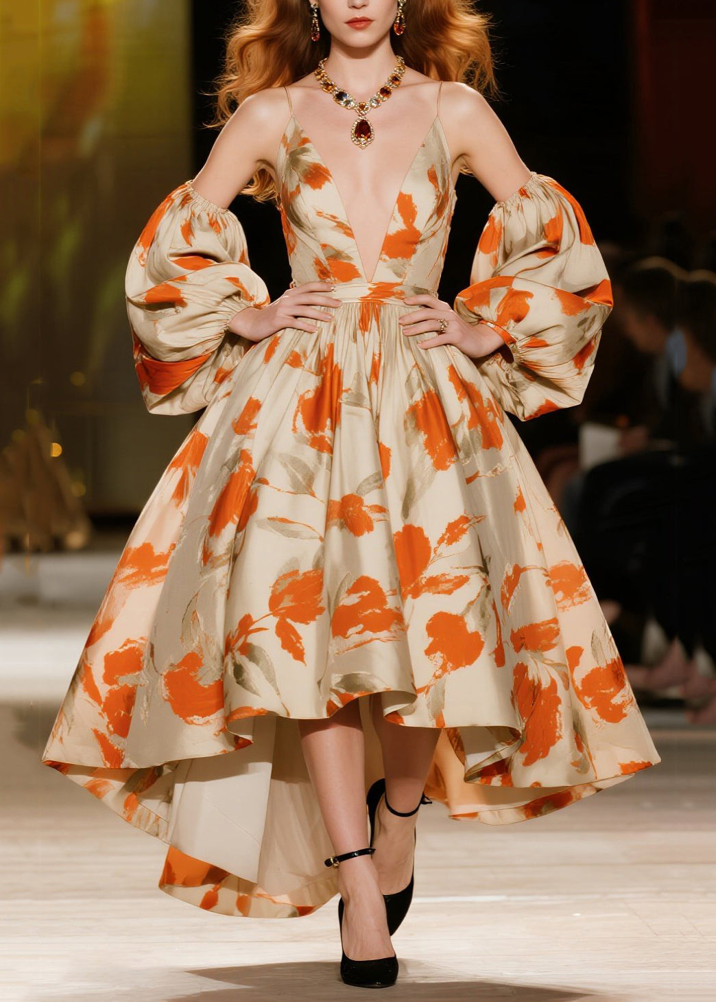 Chic Orange Print Exra Large Hem Vestidos Dresses Lantern Sleeve