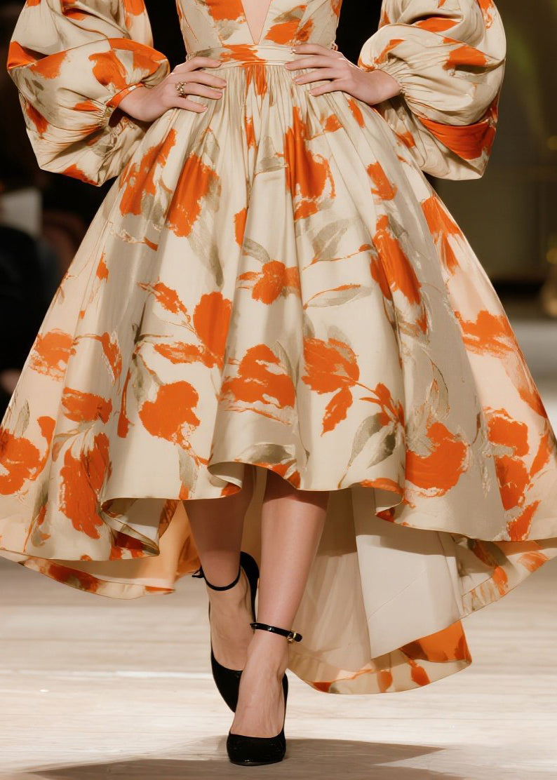 Chic Orange Print Exra Large Hem Vestidos Dresses Lantern Sleeve