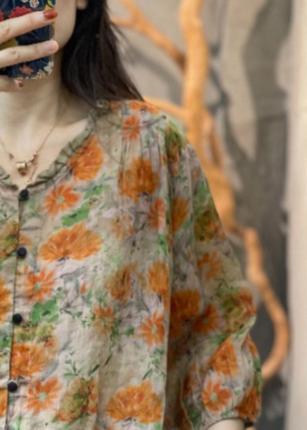 Chic Orange Print Ruffled Patchwork Button Shirt Long Sleeve