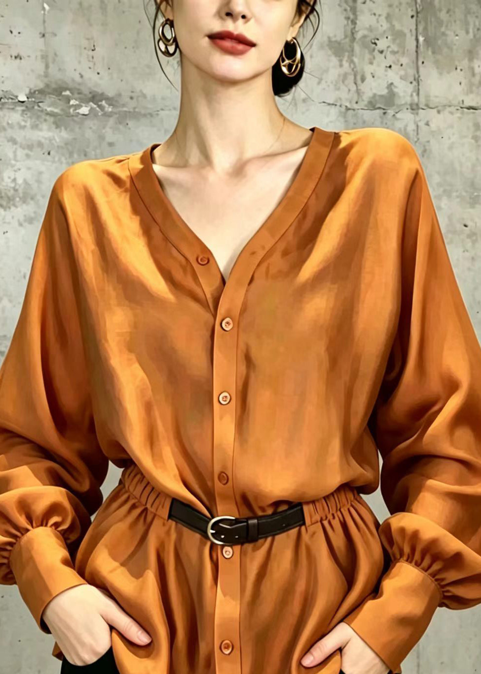 Chic Orange V Neck Button Front Belted Shirt Top Fall