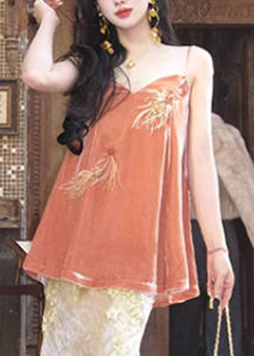 Chic Orange V Neck Feather Nail Bead Silk Velour Spaghetti Strap Tank Sleeveless