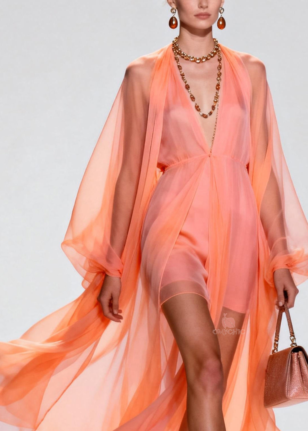 Chic Orange V Neck Patchwork Chiffon Two Pieces Set Summer