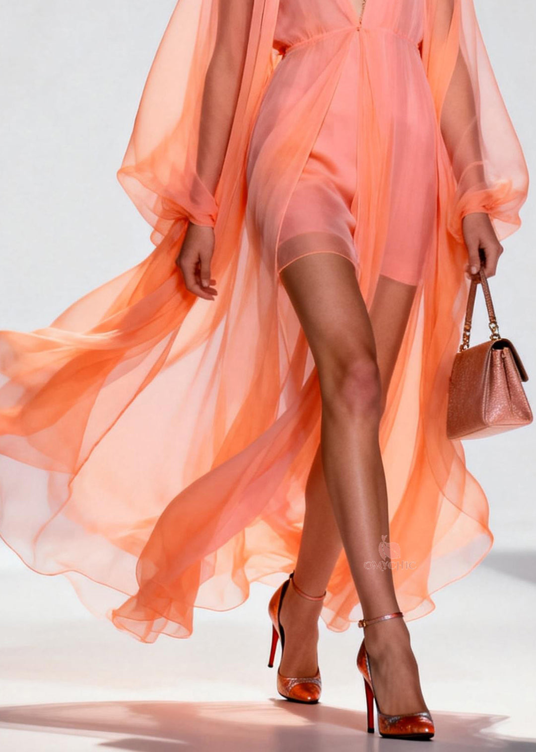 Chic Orange V Neck Patchwork Chiffon Two Pieces Set Summer