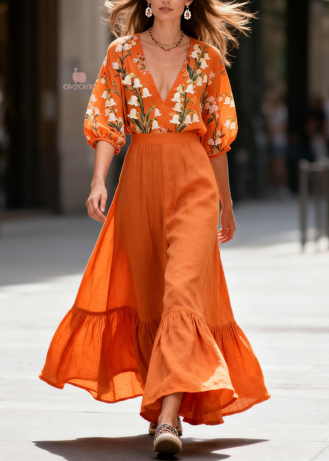 Chic Orange V Neck Print Top And Skirts Cotton Two-Piece Set Summer