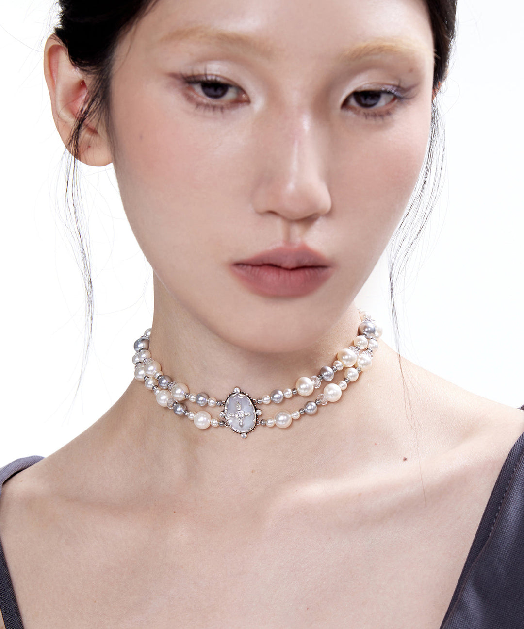 Chic Pearls Double Cross Double Layered Alloy Choker
