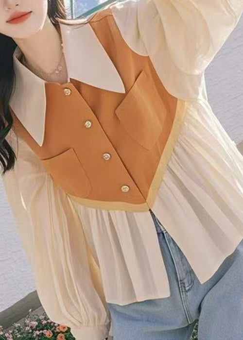 Chic Peter Pan Collar False Two Pieces Patchwork Cotton Shirt Fall