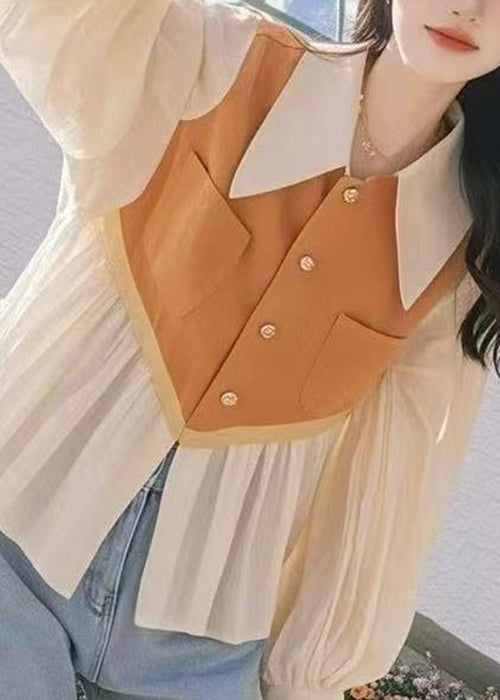 Chic Peter Pan Collar False Two Pieces Patchwork Cotton Shirt Fall