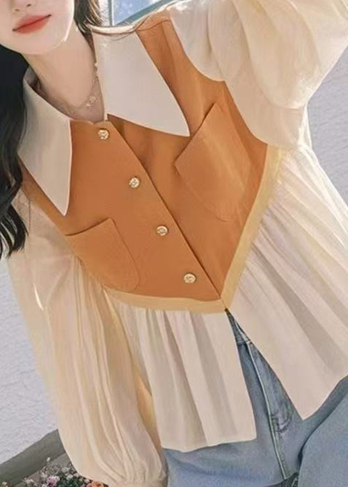 Chic Peter Pan Collar False Two Pieces Patchwork Cotton Shirt Fall