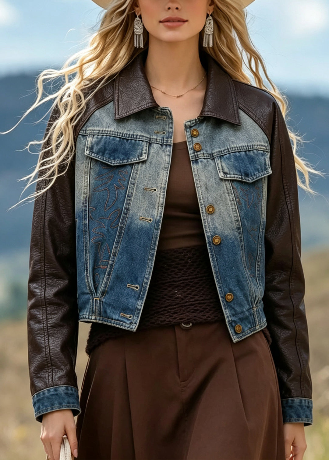 Chic Peter Pan Collar Faux Leather Patchwork Denim Coat Fall